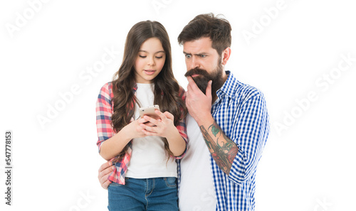 Father and daughter set up smartphone. Modern technology. Little girl with father. Small child and dad explore smartphone. Download application for smartphone. Guide for adults. User experience