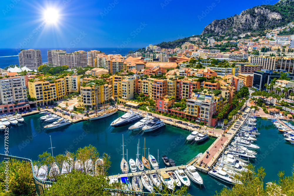 Yachts in bay near houses and hotels, Fontvielle, Monte-Carlo, Monaco, Cote d'Azur, French Riviera
