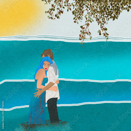 Przytulona para chłopak i dziewczyna w uścisku stojący w płytkiej wodzie.