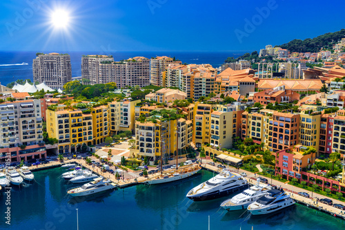Yachts in bay near houses and hotels, Fontvielle, Monte-Carlo, Monaco, Cote d'Azur, French Riviera © Eagle2308