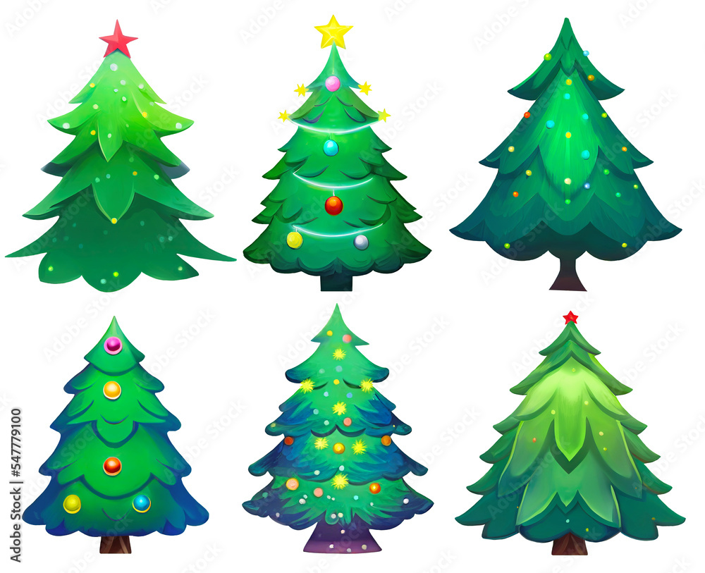 Set of christmas trees decorated with balls isolated on white background. Digital illustration