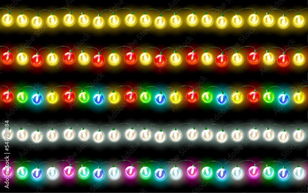 Fototapeta premium Set of colorful garland, festive decorations. Glowing christmas lights on dark background