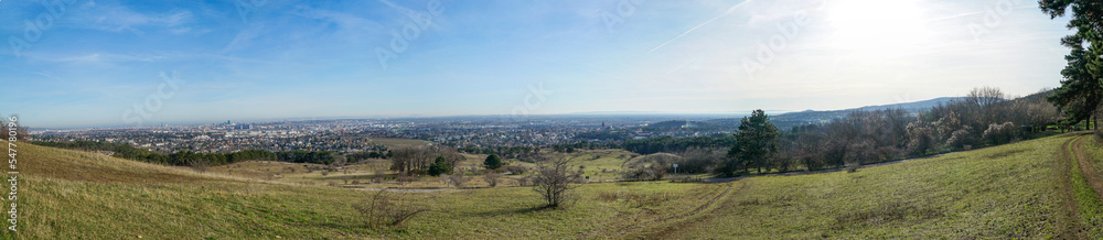 Panoramic view to vienna, capitol city of austria. wide aerial view. space for copy text