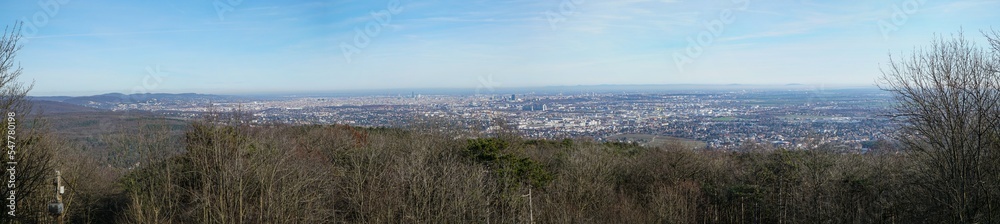 Panoramic view to vienna, capitol city of austria. wide aerial view. space for copy text