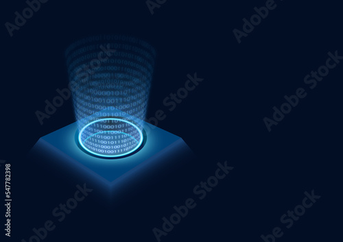Abstract illustration of artificial intelligence showing a hologram on a dark blue background. The hologram contains a square base and a three-dimensional light image made of digits: zero and one.