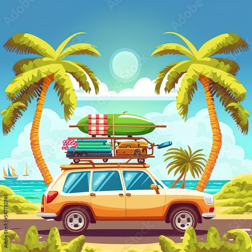Wallpaper Mural Road trip by car at summer vacation, holidays travel in tropical landscape on automobile with bags on roof driving along highway with palm trees by sides. Family camping, cartoon 2d illustrated Torontodigital.ca