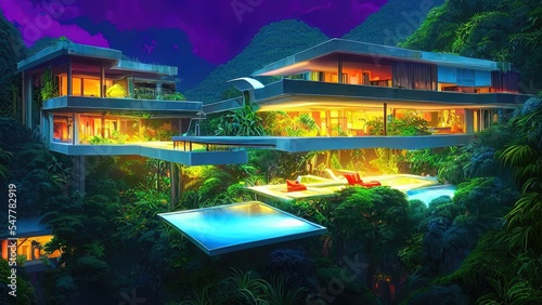 Large modern mansion, architecture house with a swimming pool, night neon lighting of the building. House in the rainforest in the mountains. Night landscape.