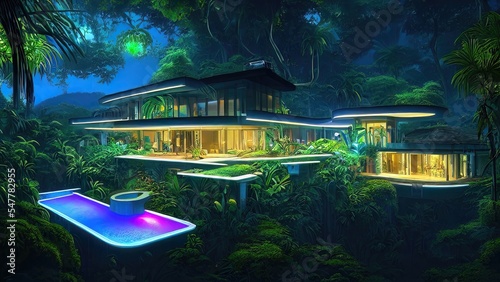 Large modern mansion, architecture house with a swimming pool, night neon lighting of the building. House in the rainforest in the mountains. Night landscape.