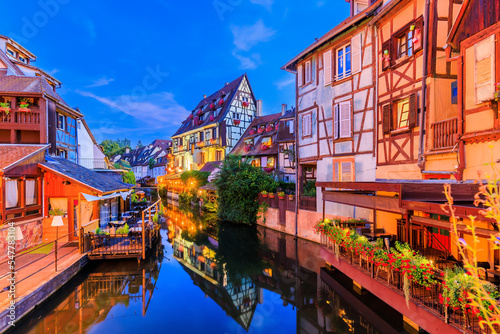 Colmar, Alsace. France. Petite Venice, water canal and traditional half timbered houses.