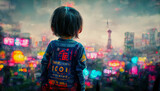 midjourney generated young child in front of a blurred capital city 