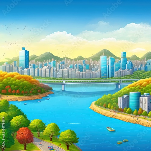 Panoramic view of Seoul city and Han river park in Korea photo