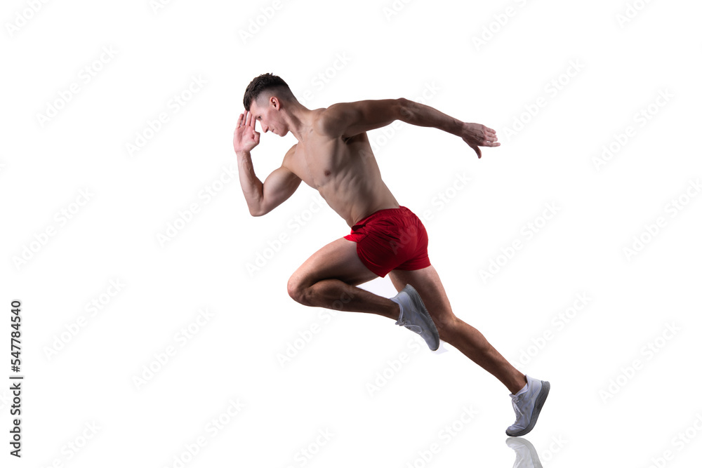 run the sport concept. man athlete run and training sport in studio. man athlete run full length.