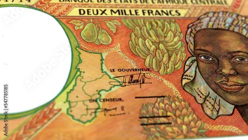 Central African Republic Central African CFA Franc 2000 Banknotes, Two thousand Central African CFA Franc, Close-up and macro view of the Central African CFA Franc, Tracking and Dolly Shots 2000 photo