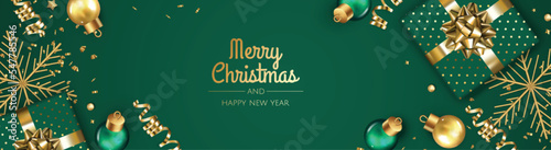 Merry Christmas and Happy New Year. Xmas Festive background with realistic 3d objects, gift box, blue and white balls.