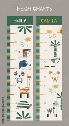 Jungle growth chart. Kids safari height chart with cute animals. Printable childish tropical design.
