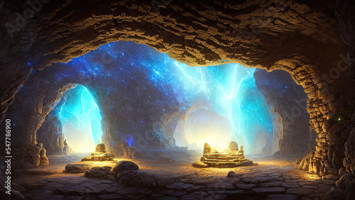 Fantasy galactic majestic portal, neon. An abstract passage, a door to an unreal world. Round stone arches. 3D illustration