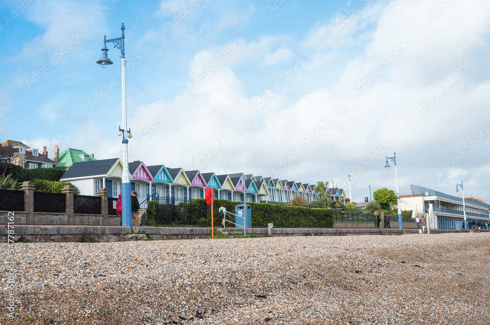 Colourful huts in seaside town of Weymouth in Dorset, United Kingdom, selective focus Colourful huts in seaside town of Weymouth in Dorset, United Kingdom, selective focus