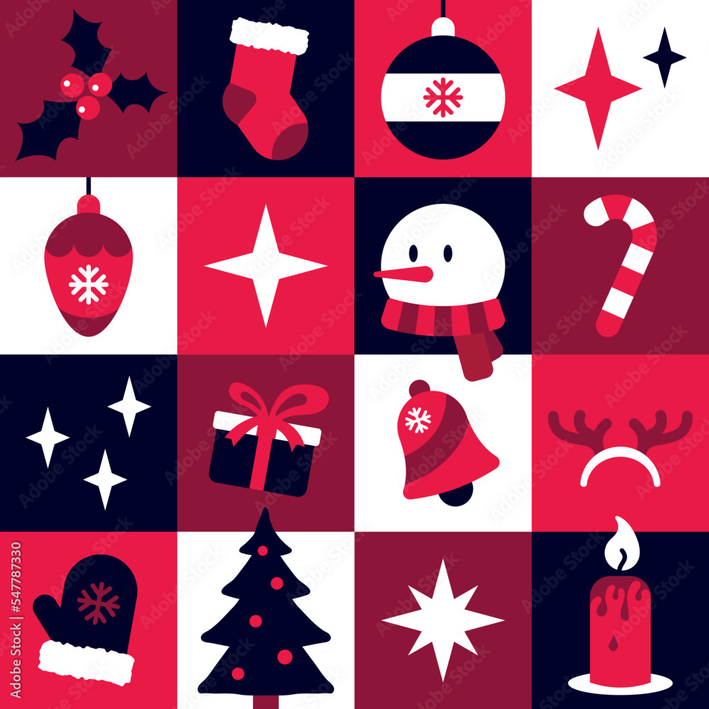 Seamless pattern with Christmas symbols. Xmas vector illustration for background, banner, wrapping paper or packaging in red, navy and white colors. Flat design.