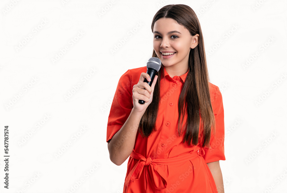 smiling teen girl singer with singing microphone. photo of singer teen girl hold microphone smiling teen girl singer with singing microphone. photo of singer teen girl hold microphone