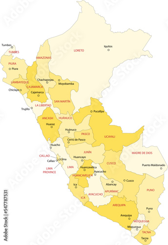 Carte du Pérou avec les divisions territoriales administratives par régions et province de Lima et représentation des principales villes - Textes vectorisés et non vectorisés sur calques séparés