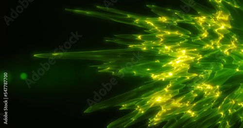 Futuristic abstract green emerald sharp glass crystals from waves  smoky lines magical energy glowing neon isolated on black background. Abstract background. Screensaver