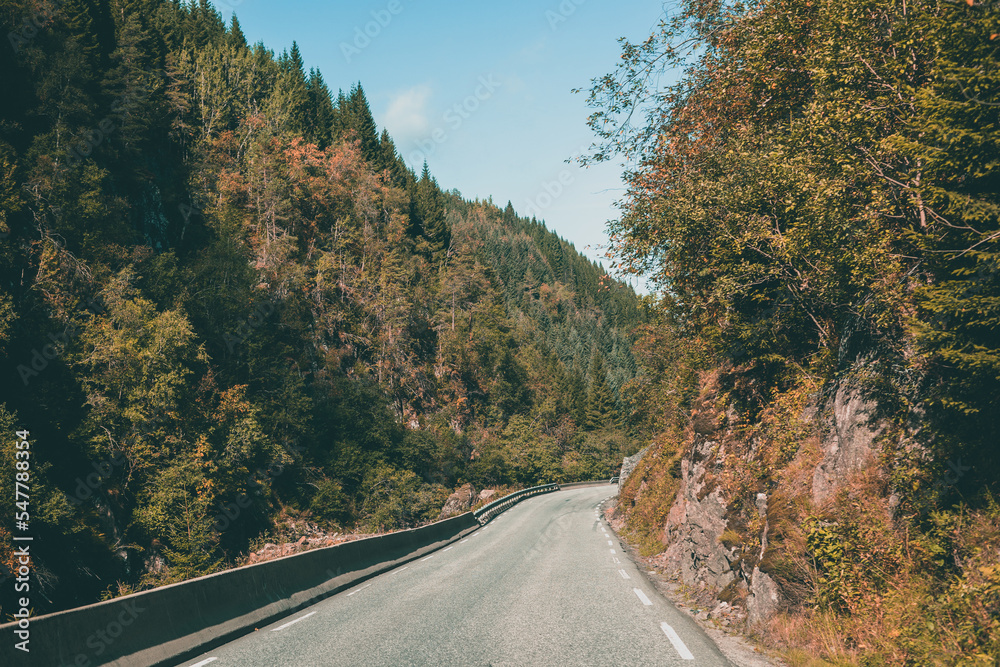 A road in Norway surrounded by trees and mountains A road in Norway surrounded by trees and mountains