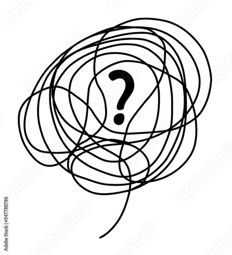 Tangle bubble of confused thoughts with question mark. Vector linear drawing doodle. Psychological concept of problem solving. Continuous tangled line.