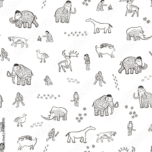 Mammoth ancient animals vector seamless pattern.