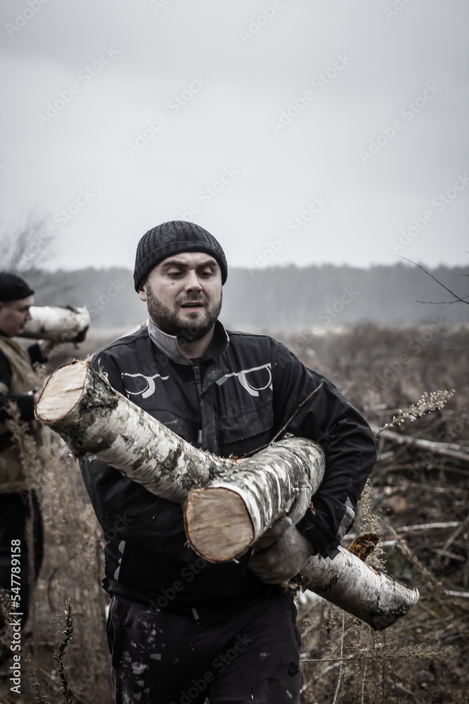 A serious tired man carries an armful of sawn logs for firewood. At the edge of the forest, a man has made a lot of logs and is now carrying them to the car. The concept of a man carrying logs. A serious tired man carries an armful of sawn logs for firewood. At the edge of the forest, a man has made a lot of logs and is now carrying them to the car. The concept of a man carrying logs.