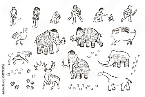Fototapeta Naklejka Na Ścianę i Meble -  Mammoth, ancient animals, cave man, vector illustrations set.