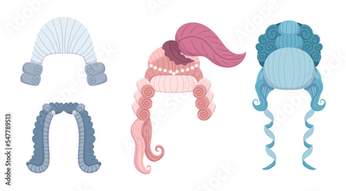 Set of Elegant Vintage Rococo Wigs Isolated on White Background. European Vintage Fashion, 18th Century Costume