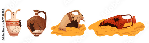 Set Old Broken Pottery Buried in Sand, Antique Archaeological Artifacts, Roman or Greek Decorative Clay Amphora Vases