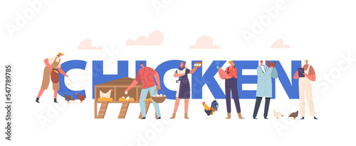 Chicken Farm Concept. Male and Female Characters Care of Poultry on Ranch, Men and Women Feeding Hens and Roosters