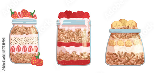 Oatmeal Desserts in Glass Jars and Cups with Milk, Yoghurt, Fruits and Berries. Healthy Organic Food, Oat Breakfast
