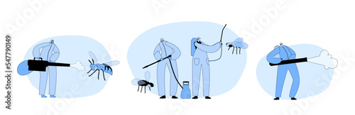Set Pest Control and Insects Extermination Professional Service. Characters In Hazmat Uniform Fight With Asp or Fly