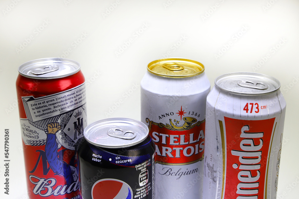 Soda cans and beers. Aluminum recyclable material. canned drinks Soft