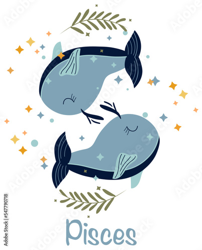 Pisces Zodiac sign with leaves and colorful stars around. Pisces perfect for posters, logo, cards. Astrological Pisces zodiac. Vector illustration.
