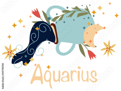 Aquarius Zodiac sign with colorful leaves and stars around. Astrological Aquarius zodiac perfect for posters, logo, cards. Vector illustration.