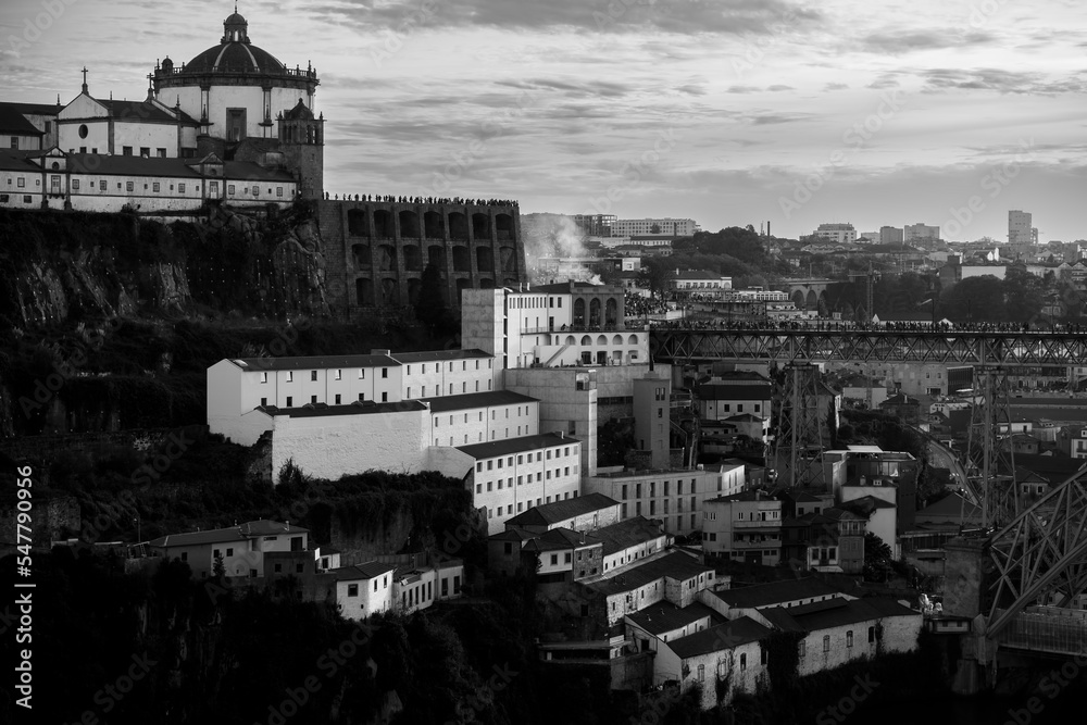 View of the Vila Nova de Gaia near the Don Luis Bridge, Porto, Portugal. Black and white photo.