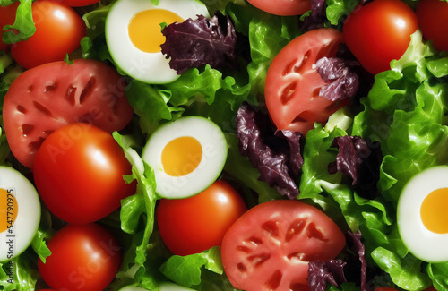 Tileable salad containign with tomatoes and lettuce in top view, tile, tileable image
