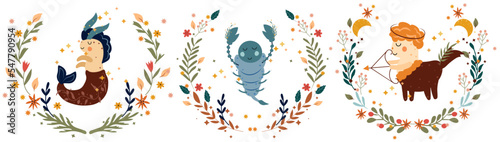 Zodiac Sagittarius, Scorpio, Capricorn, with leaves, colorful flowers and stars around. Set Astrological zodiac Signs perfect for posters, logo, cards. Vector illustration