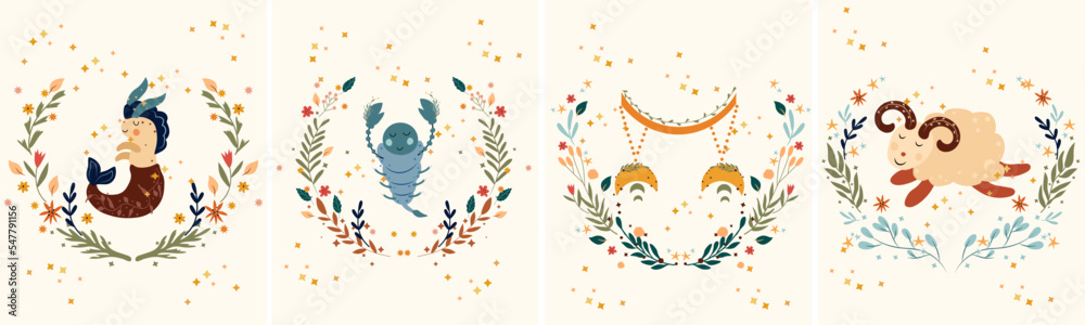 Zodiac Scorpio, Capricorn, Libra, Aries with leaves, colorful flowers and stars around. Set Astrological zodiac Signs perfect for posters, logo, cards. Vector illustration