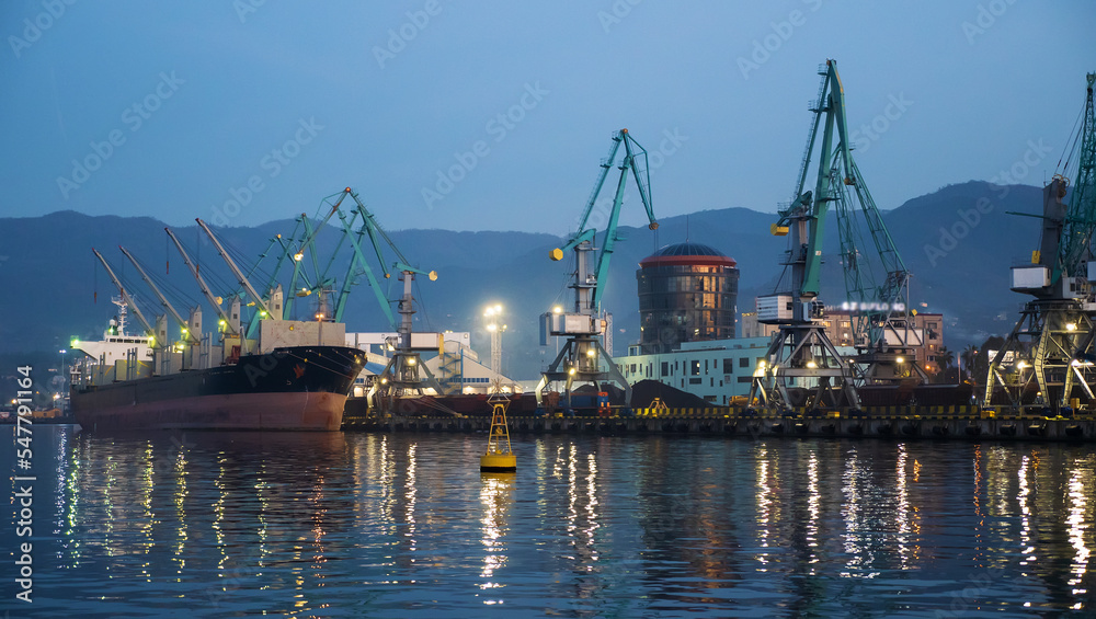 Shipping cargo port. Container terminal and ship unloading at pier. Trade and logistic concept.