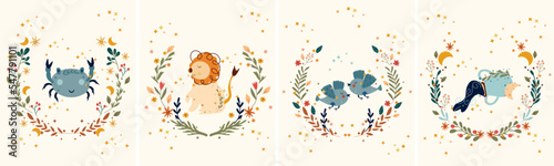 Zodiac Cancer, Leo, Gemini, Aquarius, with leaves, colorful flowers and stars around. Set Astrological zodiac Signs perfect for posters, logo, cards. Vector illustration