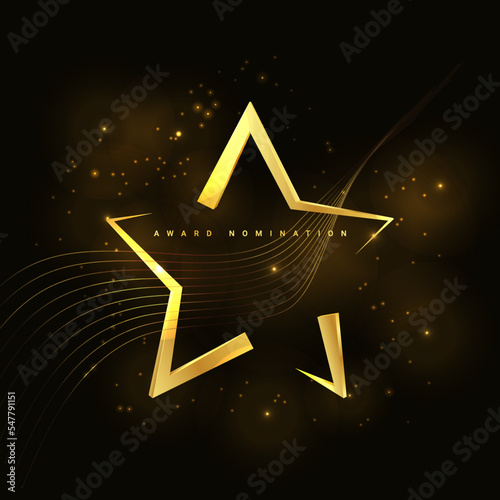 Golden glowing star with sparks and golden stripes. Award template on a dark background.