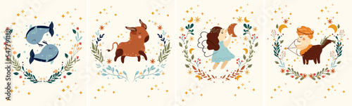 Zodiac Virgo, Taurus, Pisces, Sagittarius with leaves, colorful flowers and stars around. Set Astrological zodiac Signs perfect for posters, logo, cards. Vector illustration
