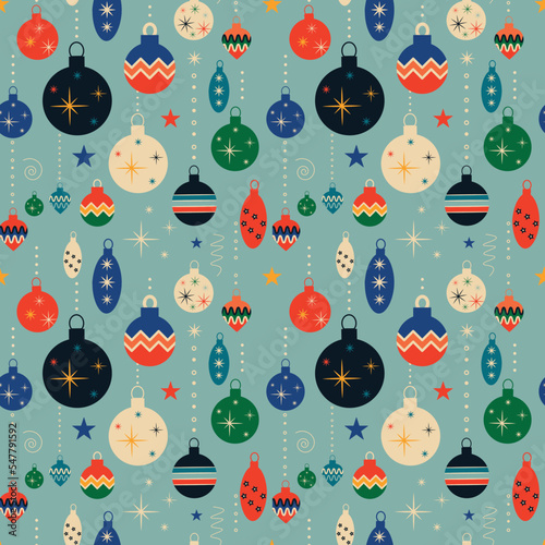 Retro vintage Christmas pattern with tree toys. Christmas seamless background
