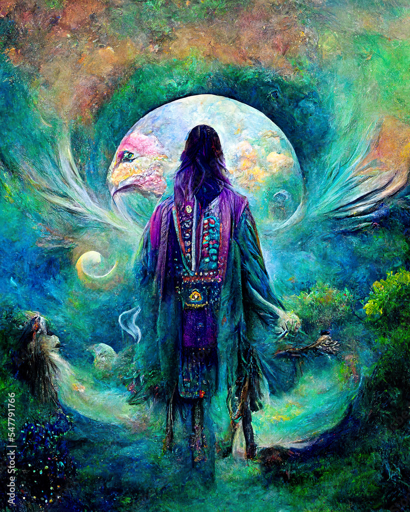 Shaman in a dress stand in front of a portal she opened, connection to