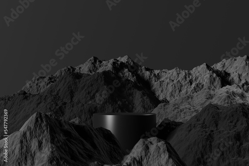 Minimal black cylinder pedestal or podium for product showcase with rocks and stones background. Stand product mockup backdrop. 3d render illustration