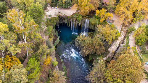 Aerial view of Antalya Duden waterfall with drone.